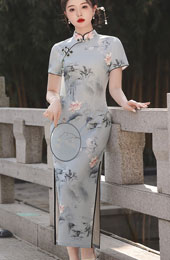 Gray Lotus Print Qipao / Cheongsam Dress