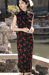 Black Rose Print Cheongsam Qipao Dress