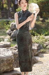 Green Floral Print Cheongsam Qipao Dress