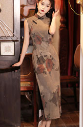 2024 Rose Print Midi Cheongsam Qipao Dress