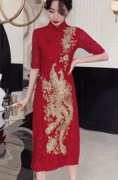 Red Lace Sequined Phoenix Bride Wedding Cheongsam Dress