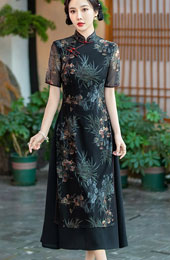 Black Floral Mothers Summer A-Line Cheongsam Qipao Dress