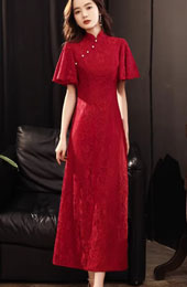 Red Lace Flutter Sleeve A-Line Qipao Cheongsam Dress