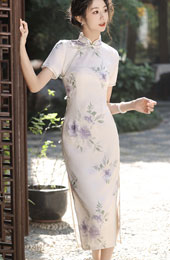 2024 Summer Floral Print Midi Cheongsam Qipao Dress