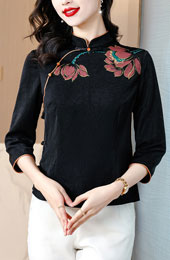 Black Red Lotus Print Cheongsam Blouse Shirt