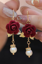 Fabric Red Rose Pearl Drop Dangle Earrings