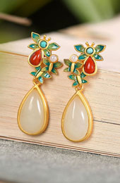 Gold Plated Butterfly Jade Drop Dangle Earrings