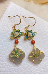 Gold Plated Flower Jade Drop Dangle Earrings