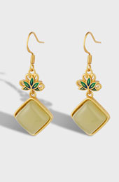 Gold Plated Lotus Jade Drop Dangle Earrings