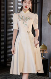 Champagne Midi A-Line Appliques Cheongsam Prom Dress