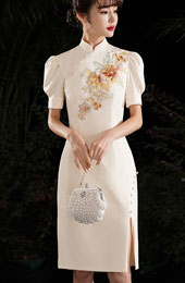 Gray White Embroidered Puff Sleeve Midi Cheongsam Dress