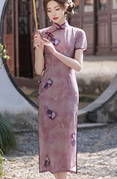 2024 Purple Floral Linen Cheongsam Qipao Dress