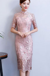 Pink Gray Floral Lace Midi Cheongsam Qipao Dress