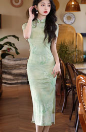 2024 Summer Green Floral Cheongsam Qipao Dress