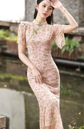 Pink Floral Chiffon Flutter Sleeve Cheongsam Qipao Dress