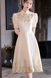 Appliques Midi A-Line Puff Sleeve Cheongsam Prom Dress