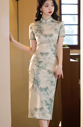 Chinese Painting Print Midi Cheongsam Qipao Dress