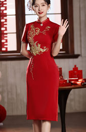 Red Embroidered Phoenix Midi Wedding Cheongsam Qipao Dress