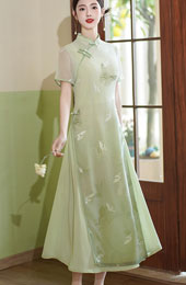Green Blue Butterfly Print AoDai A-line Cheongsam Dress