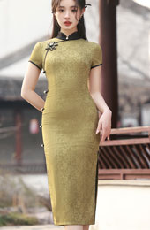 2024 Green Floral Midi Cheongsam Qipao Dress