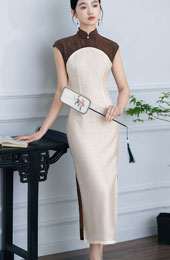 2024 Colorblock Linen Cheongsam Qipao Dress