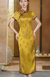 Yellow Jacquard Floral Cheongsam Qipao Dress