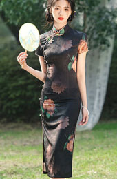 Black Lotus Print Midi Cheongsam Qipao Dress