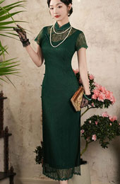 Green Lace Illusion Shoulder Cheongsam Qipao Dress