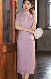 2024 Purple Floral Beads Cheongsam Qipao Dress