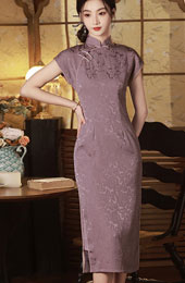 Purple Jacquard Floral Cheongsam Qipao Dress