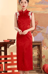 Red Jacquard Midi Wedding Cheongsam Qipao Dress