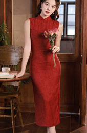 2024 Red Jacquard Floral Linen Cheongsam Qipao Dress