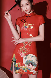 Red Peking Opera Print Cheongsam Qipao Dress