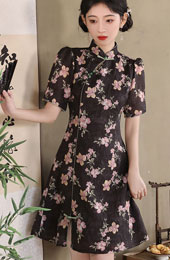 Black Jacquard Floral A-line Cheongsam Qipao Dress