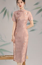 Pink Jacquard Midi Cheongsam Qipao Dress