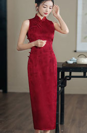 Red Jacquard Wedding Bride Cheongsam Qipao Dress