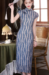 Blue Stripe Midi Linen Cheongsam Qipao Dress