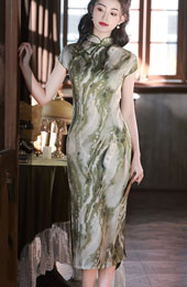 2024 Summer Green Printed Cheongsam Qipao Dress