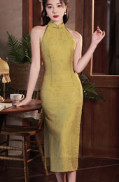 Yellow Linen Halter Midi Cheongsam Qipao Dress