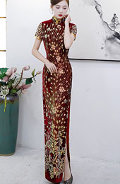 Red Sequined Velvet Mohters Qipao Cheongsam Dress