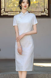White Lace Midi Modern Cheongsam / Qipao Dress