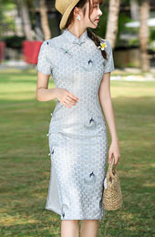 Green White Embroidered Peacock Qipao Cheongsam Dress