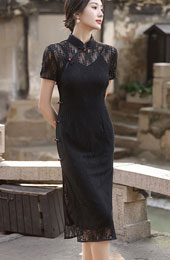 Black Lace Illusion Shoulder Modern Qipao Cheongsam Dress
