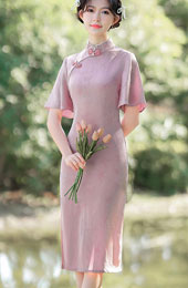 Pink Yellow Jacquard Flutter Sleeve Qipao Cheongsam Dress