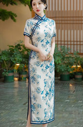 White and Blue Floral Print Qipao / Cheongsam Dress