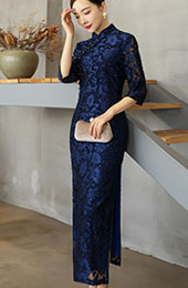 Blue Red Floral Velvet Full Qipao Cheongsam Dress