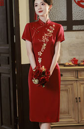 Red Embroidered Floral Midi Qipao Cheongsam Dress