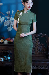 Green Jacquard Midi Qipao Cheongsam Dress