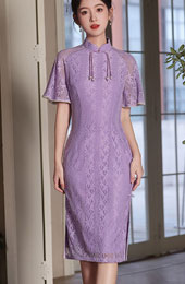 Purple Red Lace Midi Qipao Cheongsam Dress