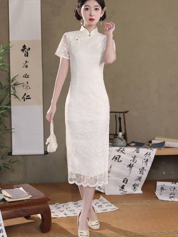Beaded White Lace Mid Wedding Qipao Cheongsam Dress
